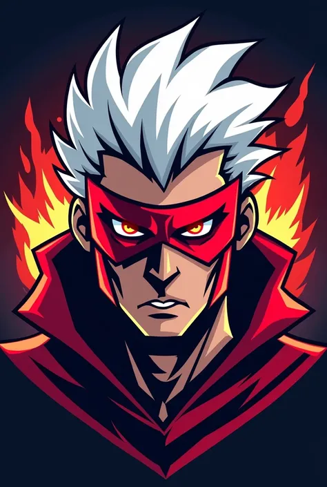 Create a free fire maskot logo white hair and red mask and background gaming 