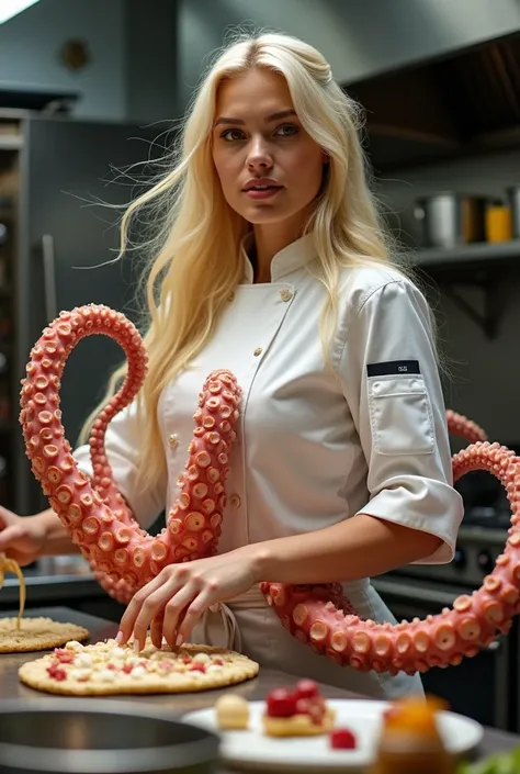 A photograph of a famous pastry chef , Skilled,  beautiful and blonde who is a mix of woman and octopus ,  whose octopus arms are cooking .  She is doing many tasks at the same time. 