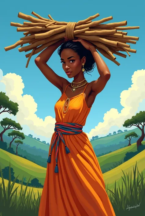 give me an image of a beautiful girl collecting firewood in an African way 