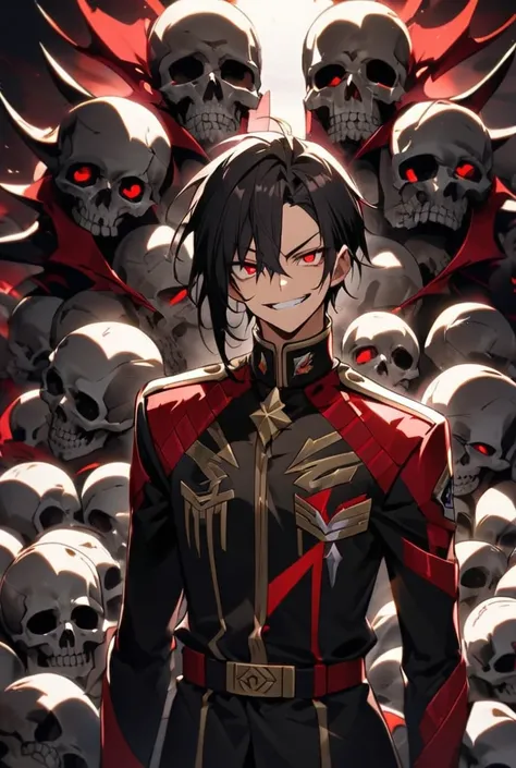 Manipulate a large number of skulls、uniform、male、 black hair、 red eyes、Grin、 all back hair