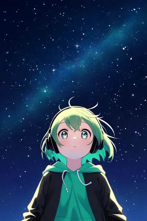  top quality, girl with green hair, Straight ahead ,  Viewers Perspective,  headphones , Adorable, Twenty years old,  hoodie, night, Starry sky background