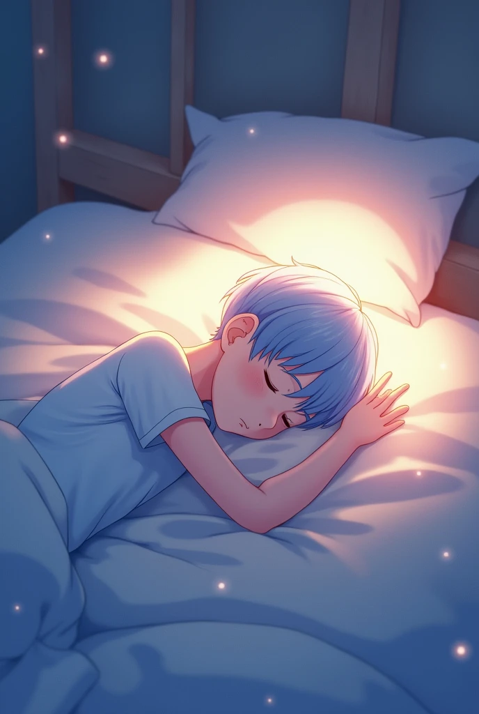  A boy with light blue hair lying on his side of the bed and sleeping on his side，Face the audience ， to have light behind him，The boy wants anime style 