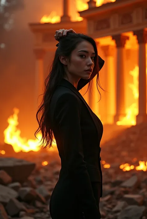 The long-haired girl gathered her hair in a cool black suit, standing in front of a fire that burned down the mansion.