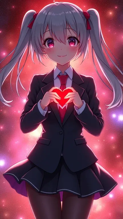  beautiful anime artwork、 Big Breasts 、Gray Hair、 cute anime girl silhouette、suit and miniskirt 、 black pantyhose、 Iridescent Nebula Galaxy 、 red background 、Brilliant strong brilliance、Bloom、2.5D、Artistic、 face forward、Heart with both hands