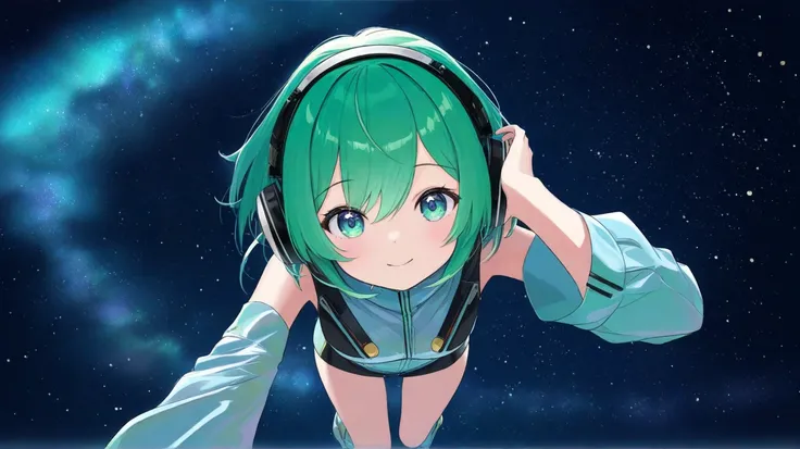  top quality, woman with green hair, Straight ahead ,  Viewers Perspective,  headphones , Adorable, Futuristic clothing, night, Starry sky background