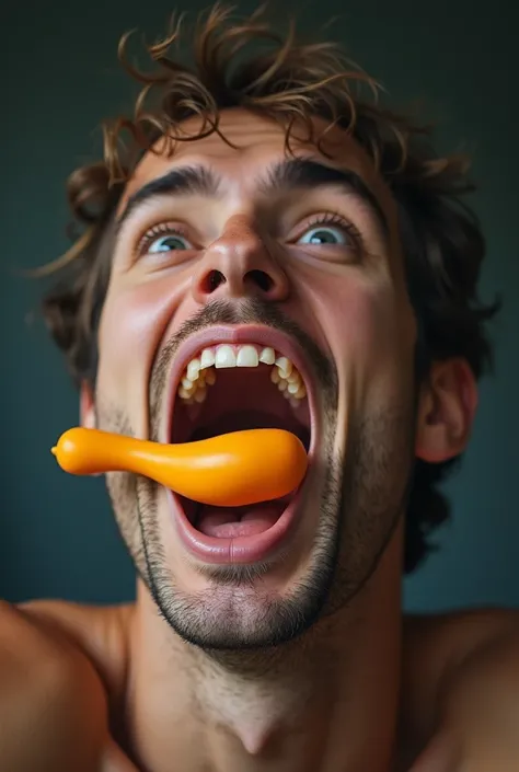 One with a rubber penis in his bare mouth