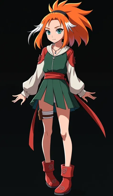 Character created by Mikio Ikemoto (8K): girl with a slender and beautiful appearance, light skin, full body, fire-colored orange hair and very smooth with two white locks highlighted on the front, similar to those of Rogue from the X-Men, hair tied in a p...