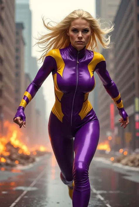 Thin Blonde haired super speed powered villainess wearing a purple and yellow skintight revealing costume.  She is running through a city causing destruction and death. Moving at light speed. An angry look on her face. 