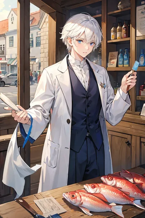 A white-haired wizard man majoring in medicine is shopping at a medieval fish store
