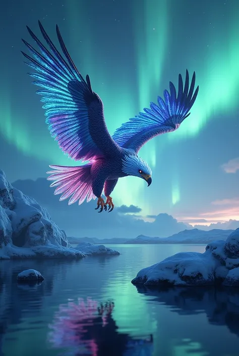 A eagle is covered wear with a colorful feathers that glow with electric hues of blue, green, and purple. Above, the vibrant auroras dance, casting radiant light across the landscape, creating a surreal and ethereal atmosphere. The calm waters mirror the b...