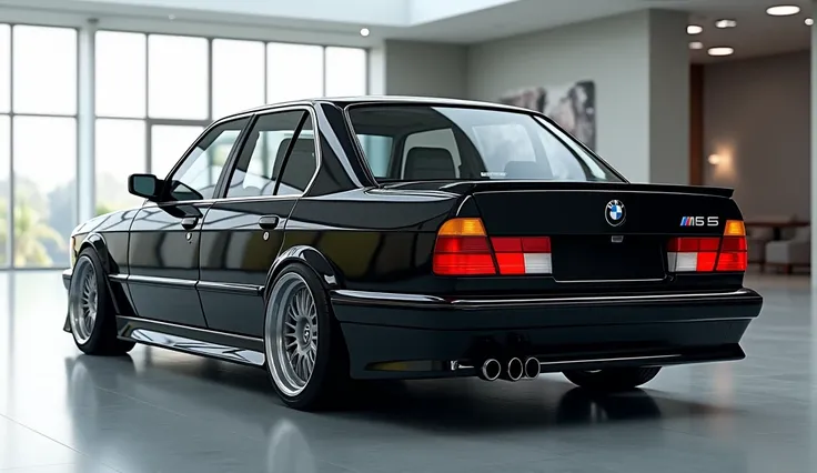 Generate a Realistic image of  the 1988 BMW M5 black colour  with silver rim   back view with car showroom background 