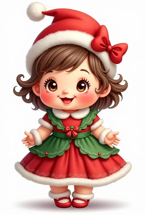 Create a baby , wearing a Christmas dress ,  with wavy brown hair and wearing a Santa Claus hat with a bow on his head, in cartoon style with transparent background 