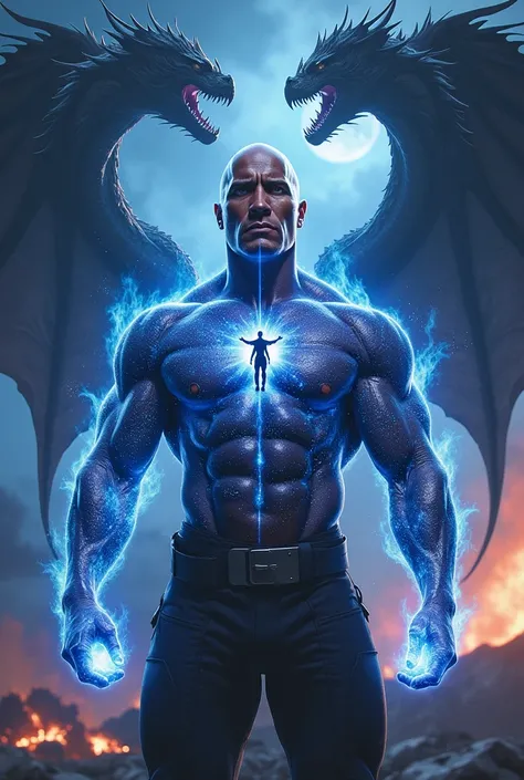 Character similar to has a tha rock Dwayne Johnson looking like military hair in the front of the right side of his body transformed into an entity where his body takes on the shape of the universe with stars and galaxies quite another normal half Dwayne J...