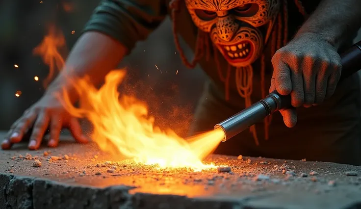 Close-up of a flaming blowtorch scorching the surface of a granite slab. The operator, wearing a grotesque mask with tribal features, directs the flame with precision. The bright flames illuminate the scene as granite powder rises, glowing embers burst out...