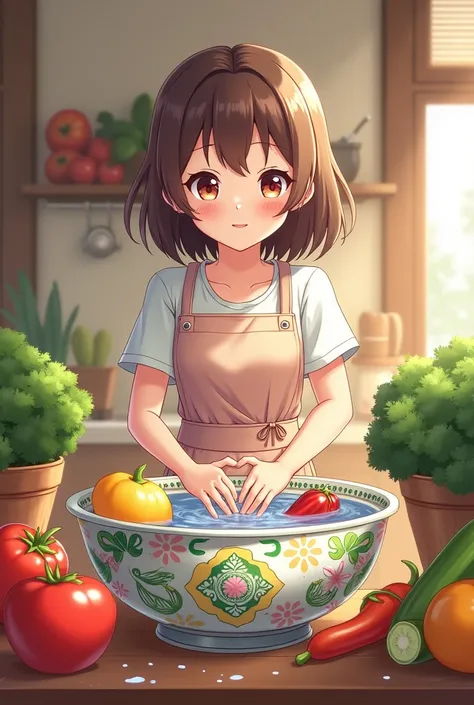 Wash fruits and vegetables in an anime-style basin