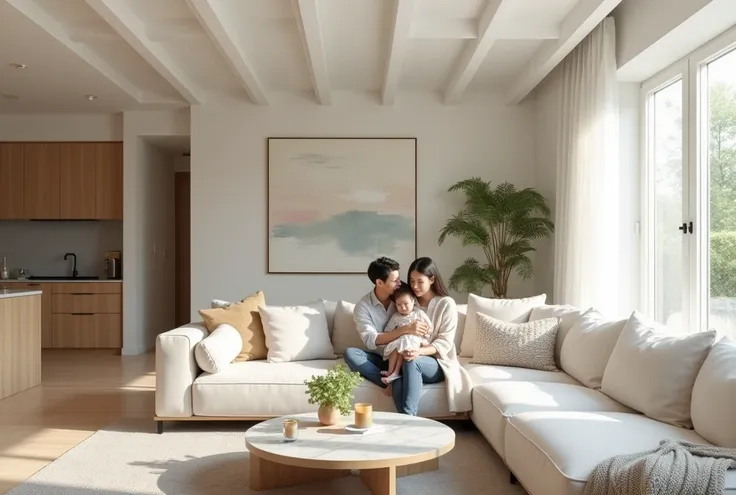 A photorealistic image of a modern, Paris-inspired living room with a serene and sophisticated atmosphere. A young Japanese couple sits comfortably on a spacious white sofa, joined by their elementary school-aged , all smiling warmly and sharing a joyful f...