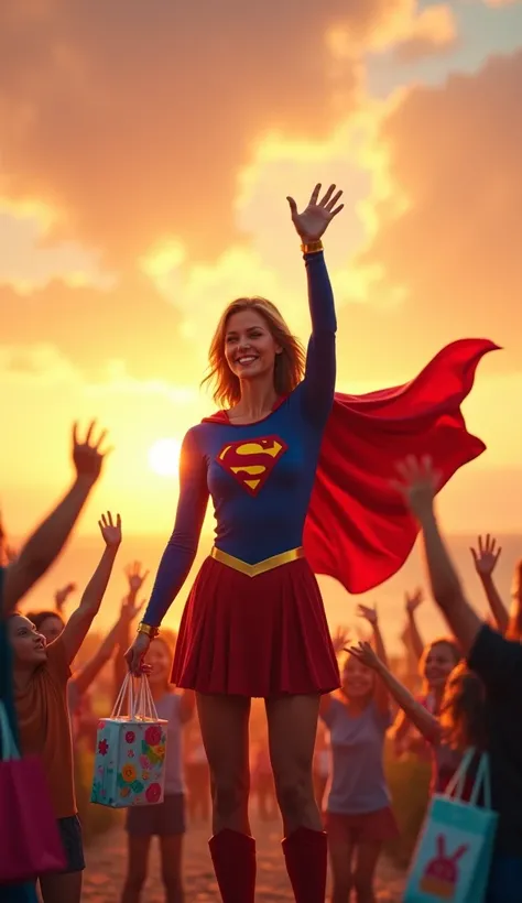 At the end of the day, Supergirl waving goodbye to a group of happy participants holding colorful gift bags. The sunset creates a golden hue in the background as the superhero’s cape flows in the gentle breeze, symbolizing the successful conclusion of an i...