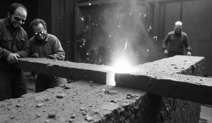 Medium shot of a massive granite slab being split by a hydraulic wedge. Workers in the background wear masks with demonic faces, while others are mask-free, showing their raw focus. The black-and-white footage emphasizes the movement of the machinery, the ...