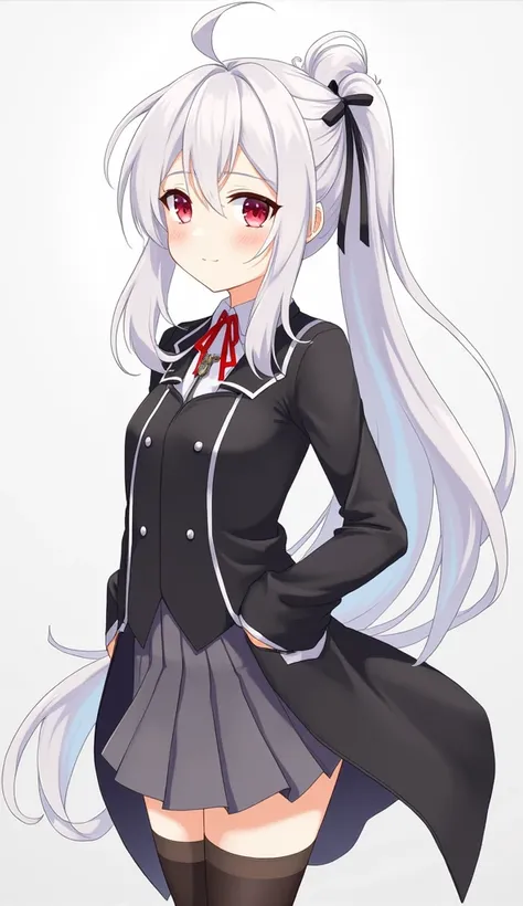 2D, HD, Detailed details, top-quality, Highly detailed, masterpiece, best quality, highres, solo, 1girl, Irisphilia, long hair, looking at viewer, red eyes, hair between eyes, closed mouth, ponytail, white hair, anime styled, breast, teen, tailcoat, pleate...