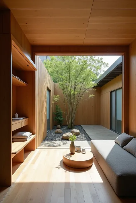 Professional High-Quality image shot with SONY ALPHA 7R V on 100mm, 16K. top photographer. full frame, the highly detailed, sharp, ultrasharp image of a Traditional Zen-Inspired Tiny Home with Courtyard Garden
Details:

Location and Space: 250-300 square f...