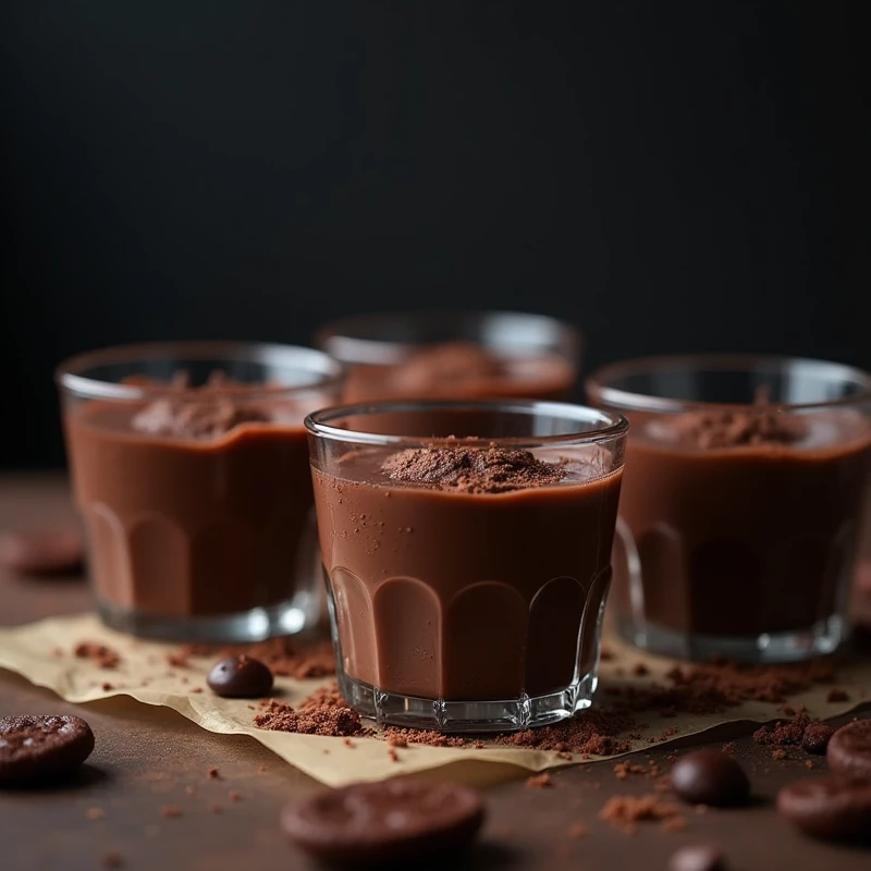  chocolate glasses in a movie scene, Chocolate cake, Dark background, Quality images, Moist meat, Frosting, Studio photography, Piece of cake, Shallow depth of field, Vignette,  Very high detail ,  High Budget , Bokeh, Cinema Scope, Gloomy mood, Epic, beau...