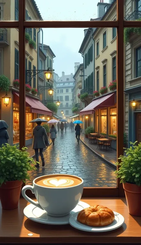 A cozy, rainy day scene viewed from an indoor window seat in a charming café. On a polished wooden table sits a cup of latte art with a delicate heart design, accompanied by a small, flaky pastry on a ceramic plate. The window frames a picturesque view of ...