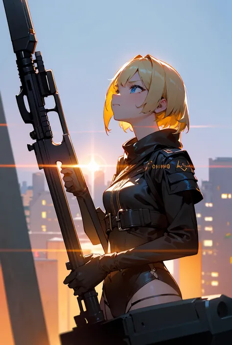 (masterpiece:1.2, top quality, more, strong backlight:1.3, silhouette:1.45),, , //  character, 1 Solo Female Mercenary, blonde bob hair blue eyes petite and thin body,Expression: Murderous expression,Overlooking the city.blue leather bikini , Holding a lar...