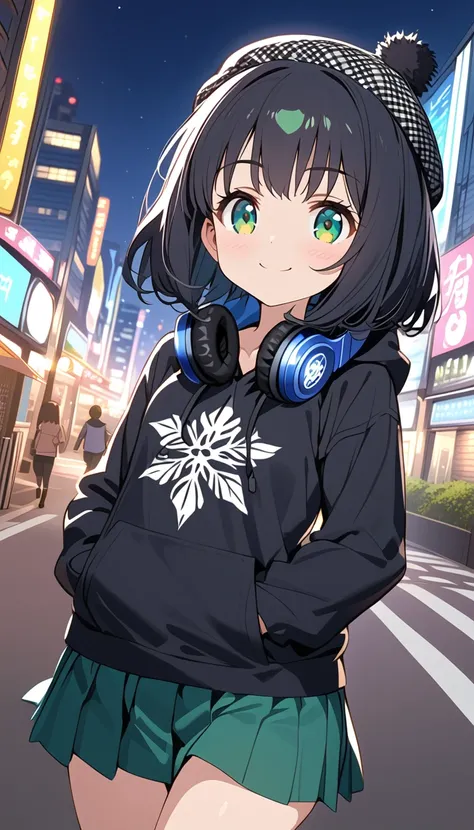 {{{masterpiece}}}, {{{ top quality}}}, {{ ultra detail }}, { beautiful,  Details Eyes },  1 girl, Alone, (( black hair)),  bob cut, (( green eyes)), (Hairy hair ), (pattsun maegami),  cool black headphones worn around the neck, , cute black patterned hoodi...