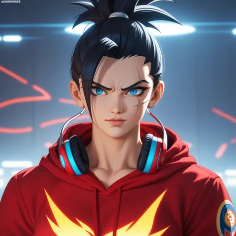 1woman, Brown skin,High Resolution, Black ponytail, Dragon Phoenix Saiyan Hybrid, Black and blue dragon Phoenix clothing, humble, super Saiyan God, Red hoodie, Accurate, Best Quality, High Details, Mask, Headphones, Hood Up, Scar Across Eye, Unreal Engine,...