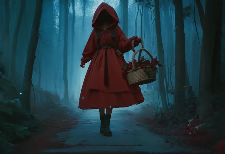 (zPDXL2), (PonyXLV6_Scores), full body shot, BREAK
full body, slavic 1girl, traditional red dress with white trim, hood up, basket with hotcakes, big wolf animal in distance, dark forest, tree, path 