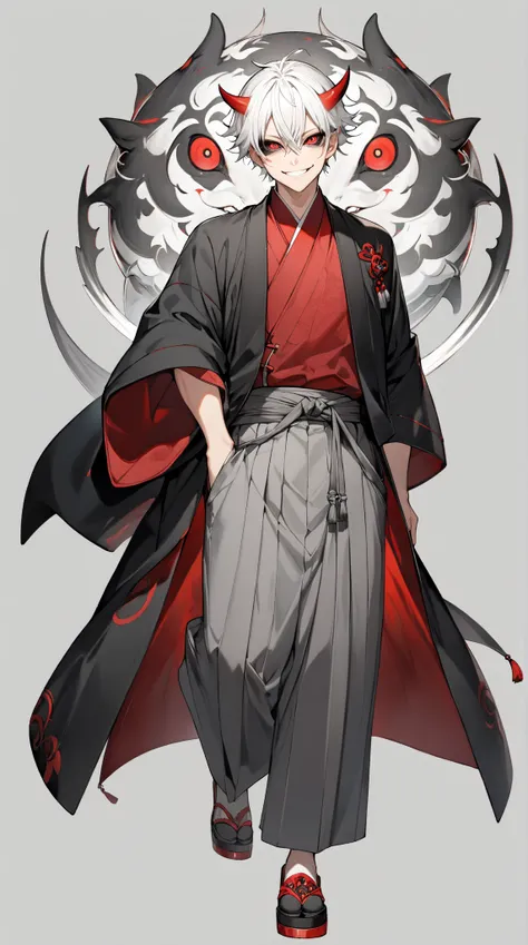  best quality  ,  white hair  , male ,  smiling  ,  short hair , Oni , Red eyes  ,  full body ,  black haori , gray hakama , black sclera ,  no background