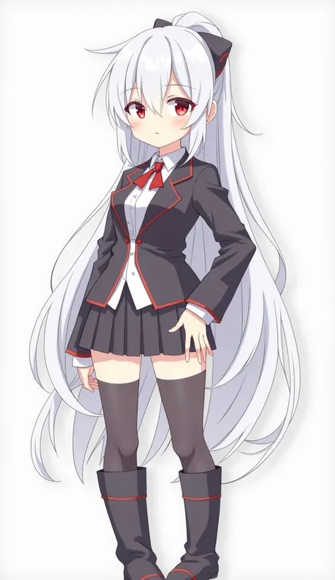 2D, HD, Detailed details, top-quality, Highly detailed, masterpiece, best quality, highres, solo, 1girl, Irisphilia, long hair, looking at viewer, red eyes, hair between eyes, closed mouth, ponytail, white hair, anime styled, breast, teen, tailcoat, pleate...