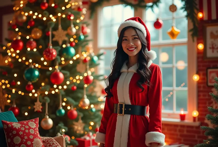 Make a colorful Christmas decorations background And a Beautiful Filipino woman wearing santa clause custome standing smiling in the beside the Christmas tree