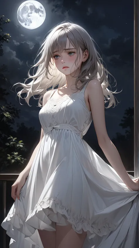 Ultra-realism white dress sad face moonlight