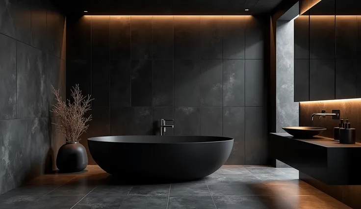 "An empty modern bathroom with a dark, luxurious theme. Black stone tiles cover the walls and floor, with a freestanding black bathtub and a large mirror reflecting soft, warm lighting."

