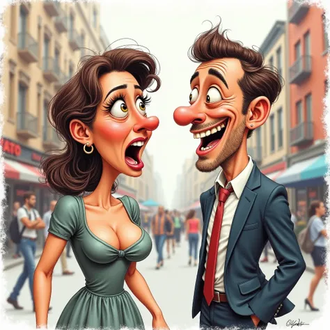 Create a color caricature in pencil style with realistic shadows, which depicts a funny and surprised woman with a good figure in a dress with a neckline. she looks at the man in surprise. the man is funny and satisfied looking at the woman. the background...