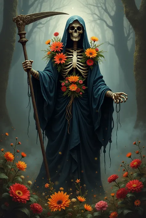 Santa Muerte with flowers and sickle