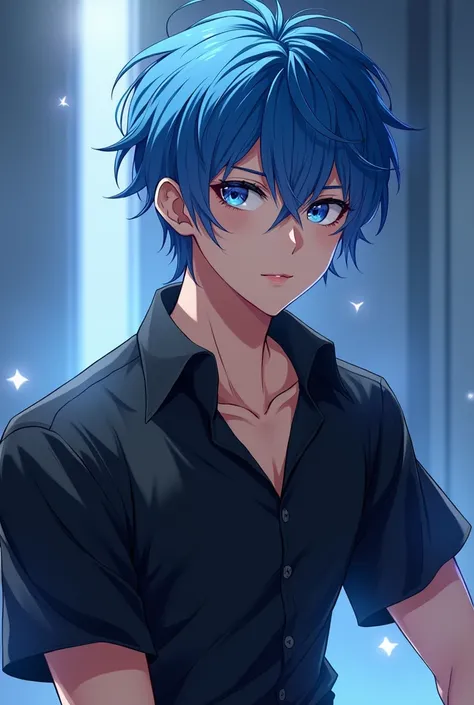 a man anime character with blue hair blue eyes in a black shirt 