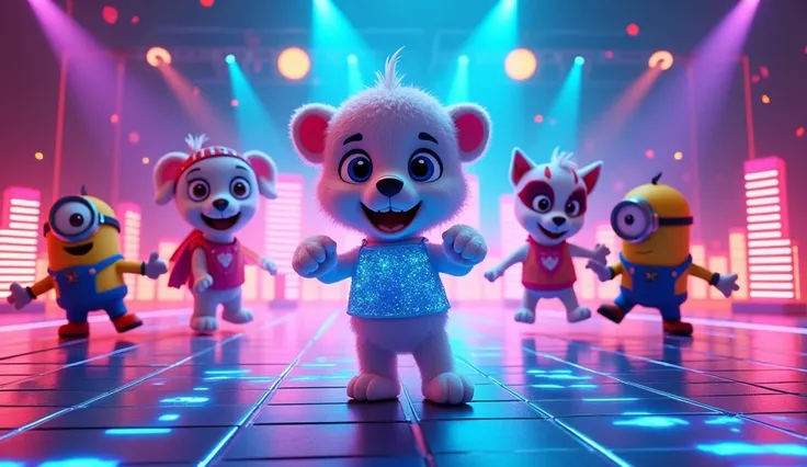 Dynamic and vibrant scene of a Tiles Hop EDM challenge featuring Skibidi Toilet, Paw Patrol characters, and Minions in a futuristic neon-lit arena. Skibidi Toilet is comically dancing on glowing tiles, while the Paw Patrol team displays their heroic poses ...