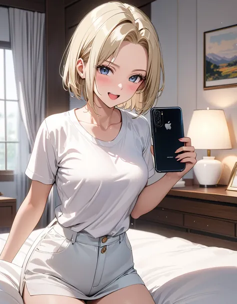 ( Japanese anime style ),  cute, ( android１８Number:1.5),  Cowboy Shot , Married Woman, excited,  on the bed, masterpiece:1.5, masterpiece, highest quality, UHD, retina, masterpiece, accurate anatomy, super detailed, high quality, best quality, 8k