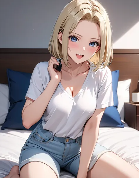 ( Japanese anime style ),  cute, ( android１８Number:1.5),  Cowboy Shot , Married Woman, excited,  on the bed, masterpiece:1.5, masterpiece, highest quality, UHD, retina, masterpiece, accurate anatomy, super detailed, high quality, best quality, 8k