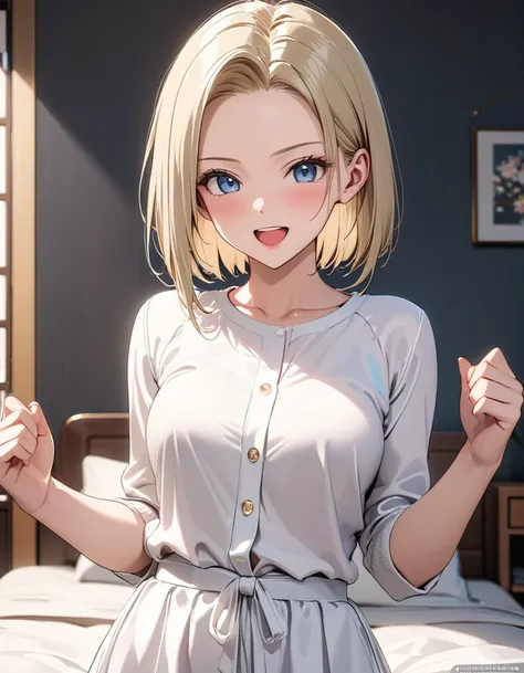 ( Japanese anime style ),  cute, ( android１８Number:1.5),  Cowboy Shot , Married Woman, excited,  on the bed, masterpiece:1.5, masterpiece, highest quality, UHD, retina, masterpiece, accurate anatomy, super detailed, high quality, best quality, 8k