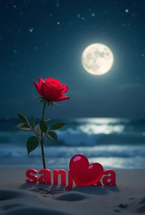 A mesmerizing nighttime wildlife photograph by Mireldja captures a serene and enchanting beach scene. The soft glow of the full moon and the starry night sky illuminate a single vibrant red rose standing upright on the sandy shore. The rose is accompanied ...