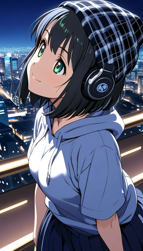 {{{masterpiece}}}, {{{ top quality}}}, {{ ultra detail }}, { beautiful, Details Eyes }, 1 girl, Alone, (( black hair)), bob cut, (( green eyes)), (Hairy hair ), (pattsun maegami),Black headphones, , cute black patterned hoodie , cute black plaid hat,( ...