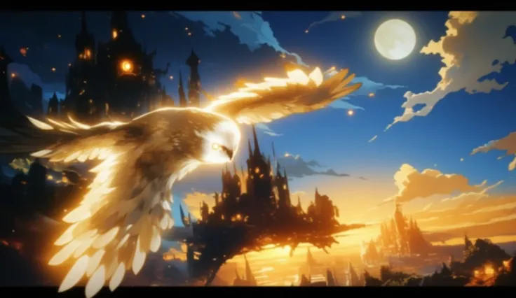 a majestic owl flying towards a whimsical, fairy-tale inspired city, detailed feathers, piercing eyes, outstretched wings, glowing moon in night sky, ancient architecture, fantasy elements, dramatic lighting, cinematic composition, (best quality,4k,8k,high...