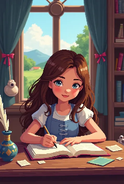 Una foto disney pixel di una ragazza con capelli castani mossi che scrive un libro (tipo una scrittrice) 