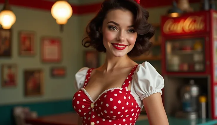 brunette girl, curly hair, Sexy short and tight uniformed 1950s waitress, Betty Boop, whole body, large breasts and hips, small waist, perfect eyes, perfect teeth, kitsch, cinematic lighting, perfect hands