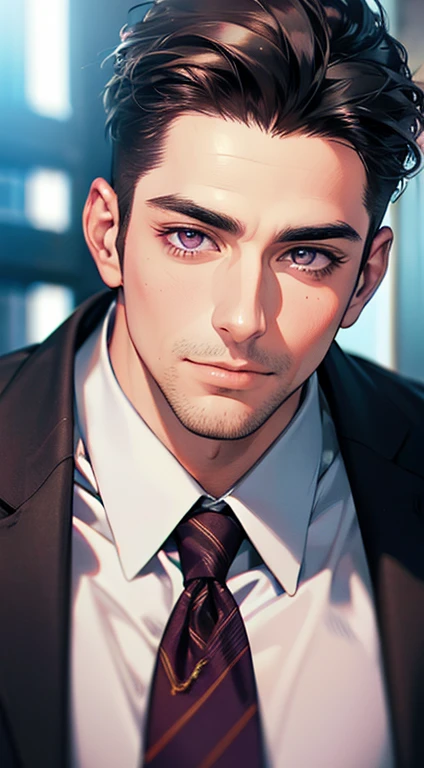 (best quality,4k,8k,highres,masterpiece:1.2),ultra-detailed,(realistic,photorealistic,photo-realistic:1.37),1 man,31 years old,mature man,very handsome,without expression,smile,short grey black hair,purple eyes,penetrating gaze,perfect face without errors,...