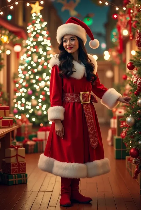 Make a colorful Christmas decorations background with a beautiful Filipino woman wearing santa clause custome standing on the side of the background 