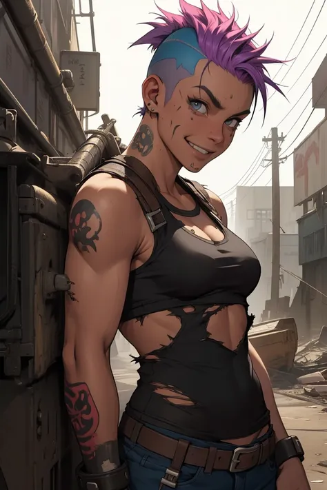 ((( whole body ))), master part,  best quality ,  super detail , 8k, beautiful woman, Tank Girl com cara de maluca,  mischievous smile  , whole body, colored mohawk hair, punk girl, post-apocalyptic world, ((  of the tank )), nijistyle,  torn and dirty clo...